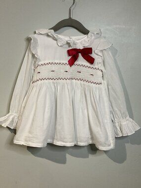 Caramelo Kids White Smoked Top Shirt Long Sleeve Red Bow Ruffle Pleated Size 5/6